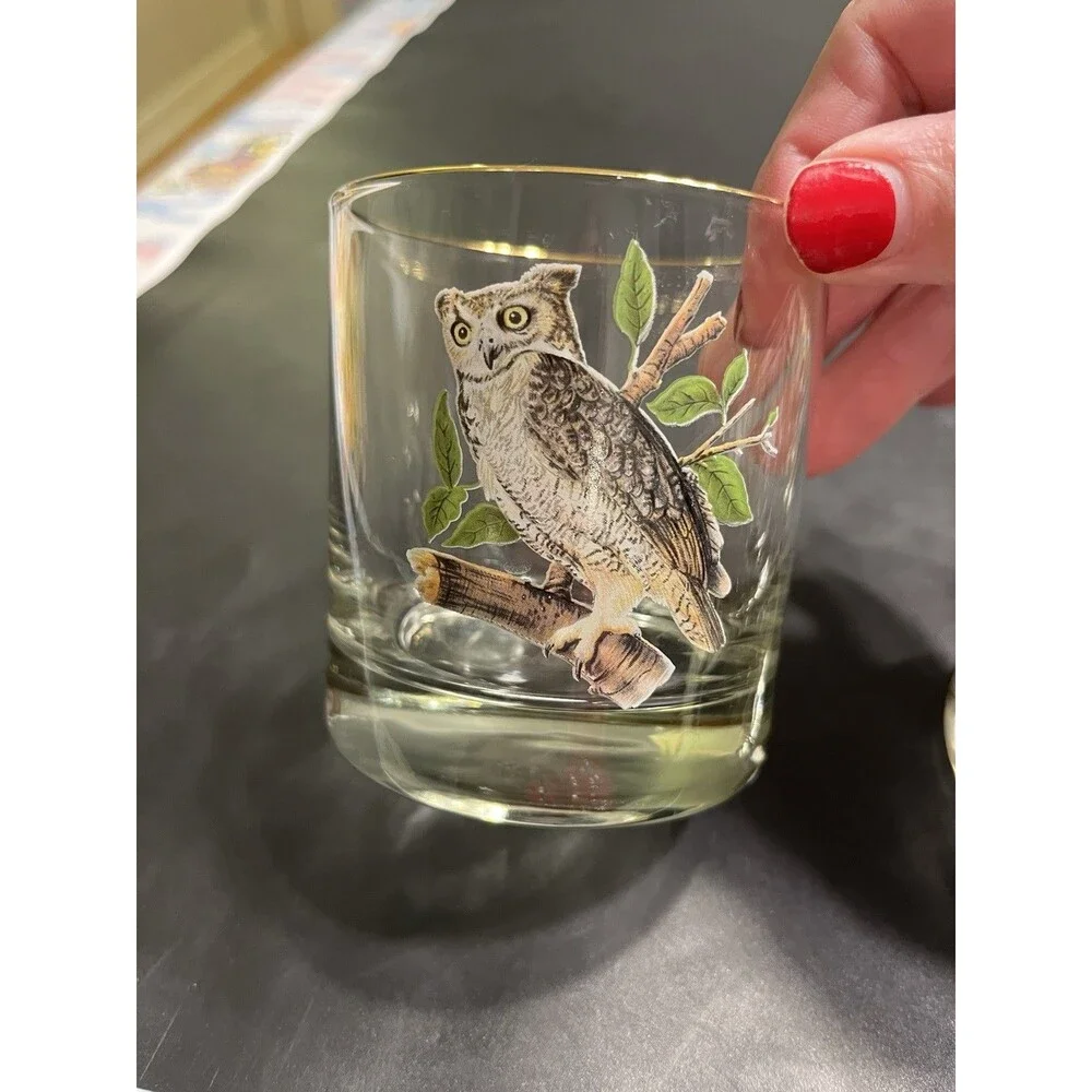 4pc MCM Owl on Branch Gold Rim Tumbler Old Fashion Glasses